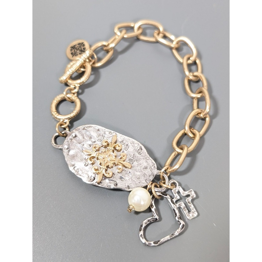 Boho Chic Gold Tone Heart Cross Charm Chain Bracelet Hammered‎ Style 7"
